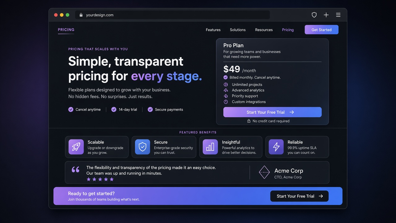Dark pricing and features interface